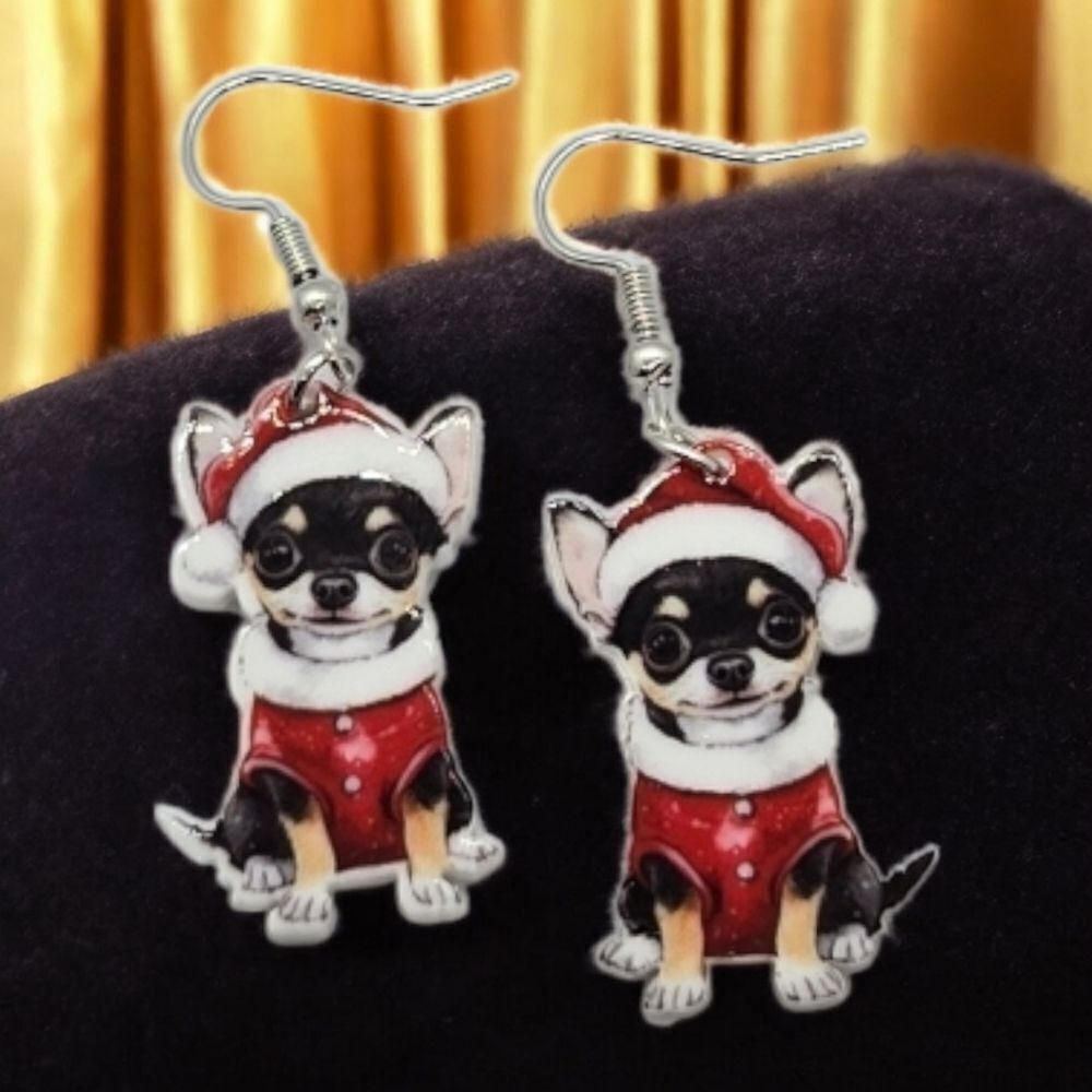 Santa Chihuahua Earrings 🐶 Christmas Holiday Festive Jewelry Pierced Ear Dangle